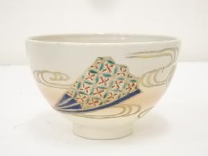 京焼　川添寿楽造　色絵扇面草花茶碗